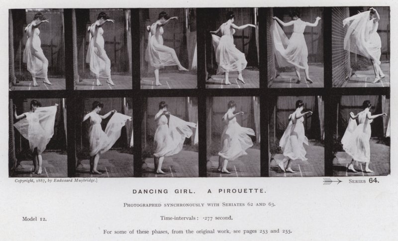 Ludzka postać w ruchu: tańcząca dziewczyna, piruet (zdjęcie czarno-białe) autorstwa Eadweard Muybridge