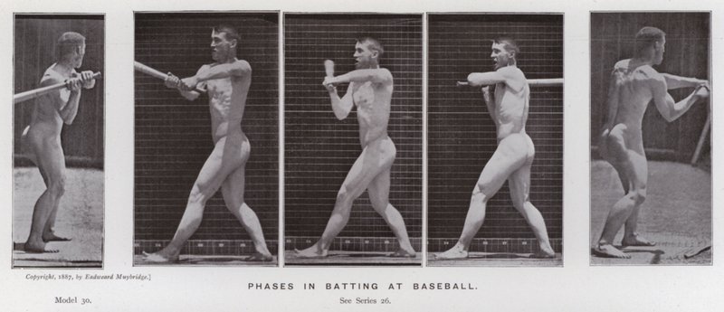 Ludzka postać w ruchu: Fazy uderzenia w baseball (zdjęcie czarno-białe) autorstwa Eadweard Muybridge