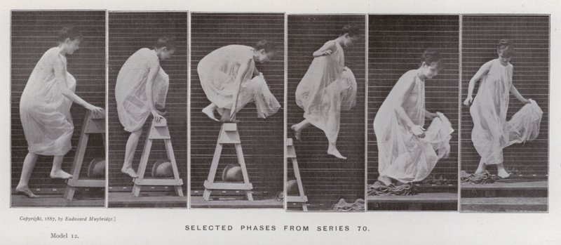 Figura ludzka w ruchu: wybrane fazy z serii 70 (zdjęcie czarno-białe) autorstwa Eadweard Muybridge