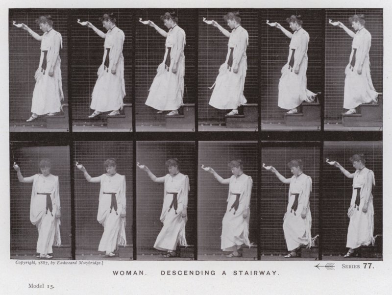 Postać ludzka w ruchu: kobieta schodząca po schodach (zdjęcie czarno-białe) autorstwa Eadweard Muybridge