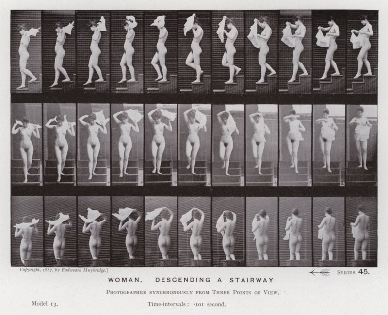 Postać ludzka w ruchu: kobieta schodząca po schodach (zdjęcie czarno-białe) autorstwa Eadweard Muybridge
