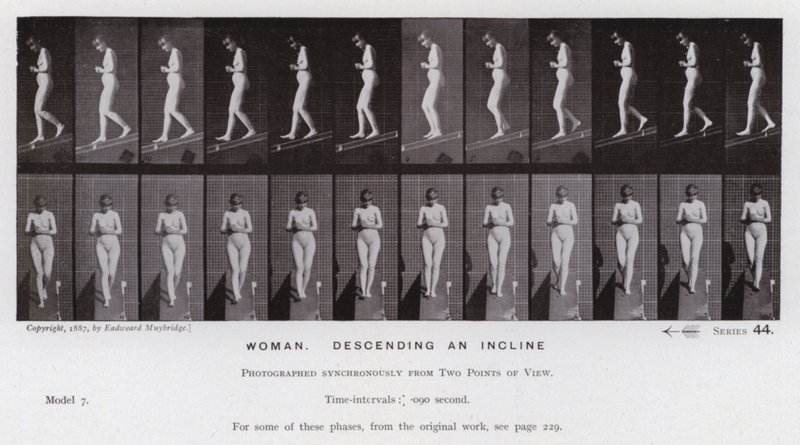 Postać ludzka w ruchu: kobieta schodząca w dół pochyłości (zdjęcie czarno-białe) autorstwa Eadweard Muybridge
