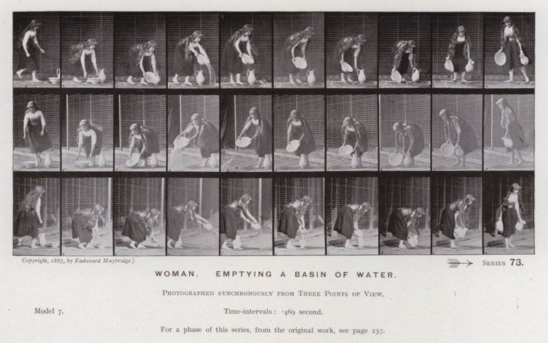 Postać ludzka w ruchu: Kobieta, opróżniająca miskę z wodą (zdjęcie czarno-białe) autorstwa Eadweard Muybridge