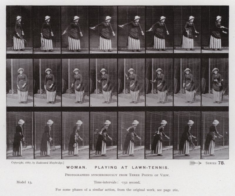 Postać ludzka w ruchu: Kobieta grająca w tenisa ziemnego (zdjęcie czarno-białe) autorstwa Eadweard Muybridge