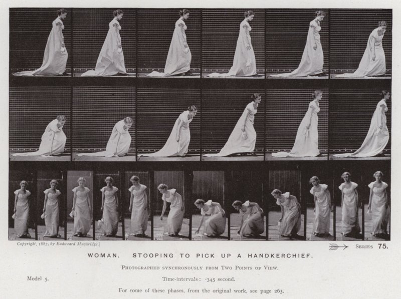 Postać ludzka w ruchu: Kobieta, pochylająca się, by podnieść chusteczkę (zdjęcie czarno-białe) autorstwa Eadweard Muybridge
