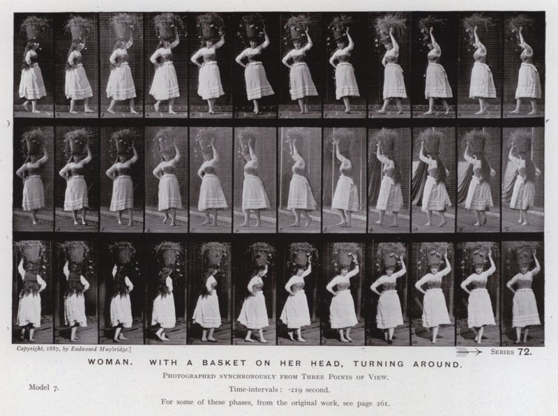 Postać ludzka w ruchu: kobieta z koszem na głowie, odwracająca się (zdjęcie czarno-białe) autorstwa Eadweard Muybridge