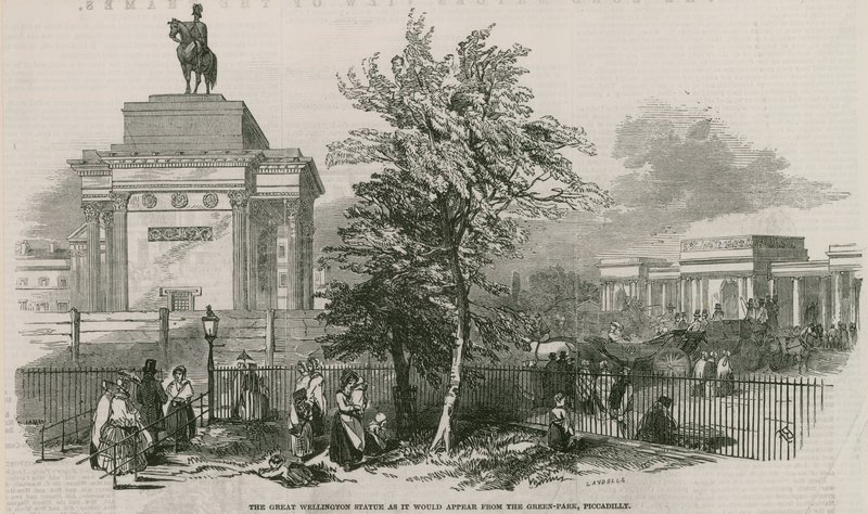 Wielka statua Wellingtona i łuk, jak by wyglądał z Green Park, Piccadilly autorstwa Ebenezer Landells