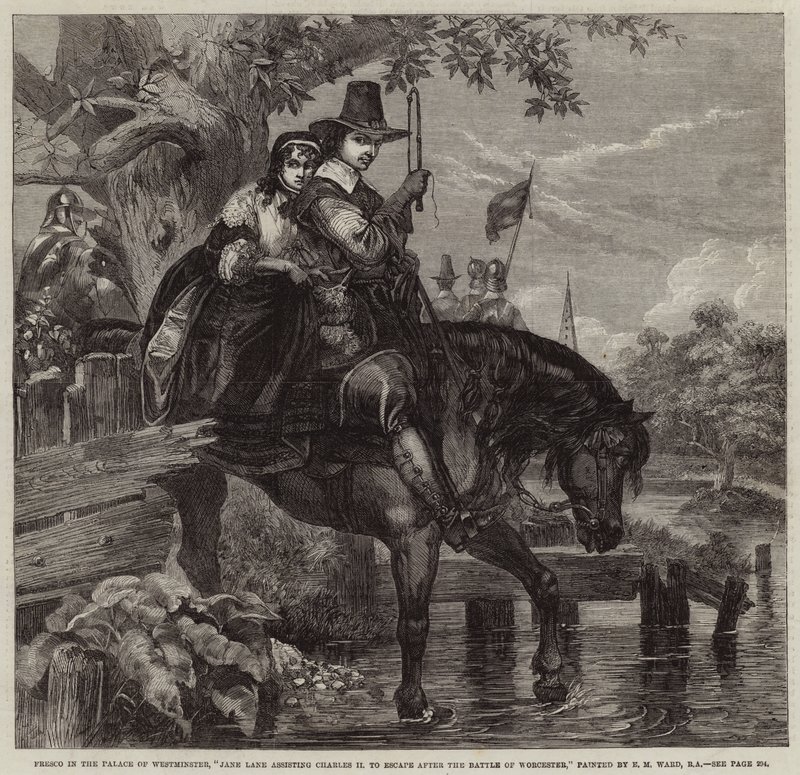 Jane Lane pomagająca Karolowi II w ucieczce po bitwie pod Worcester autorstwa Edgar Melville Ward