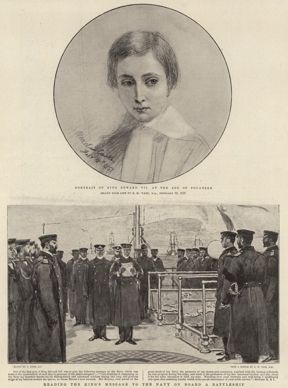 Portret króla Edwarda VII w wieku czternastu lat, czytającego przesłanie króla do marynarki wojennej na pokładzie pancernika autorstwa Edgar Melville Ward