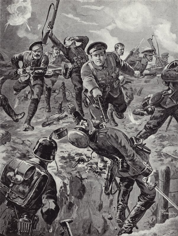 Kapral Joseph Davies i ośmiu mężczyzn uciekających z bagnetami przed grupą Niemców, którzy ich wcześniej otoczyli, Delville Wood, Francja, 20 lipca 1916 autorstwa Edgar Alfred Holloway
