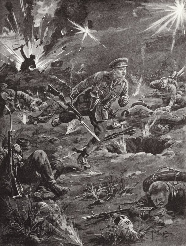 Porucznik Benjamin Geary spieszący pod ciężkim ostrzałem artyleryjskim do rowu po prawej stronie wzgórza 60, aby skontaktować się z oficerem, Ypres, Belgia, kwiecień 1915 autorstwa Edgar Alfred Holloway