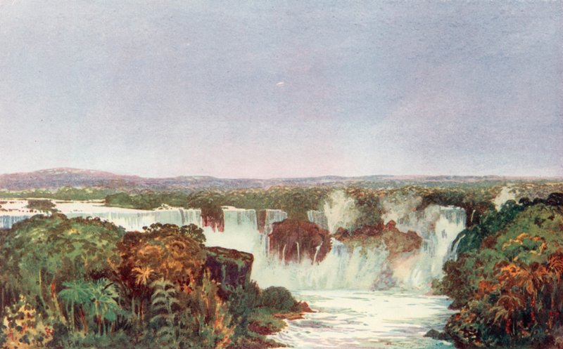 Częściowy widok na wodospady Iguassu, skrzyżowanie Brazylii, Paragwaju i Argentyny, dojazd z północy przez system kolei brazylijskiej (kolor lito) autorstwa Edgar L. Pattison