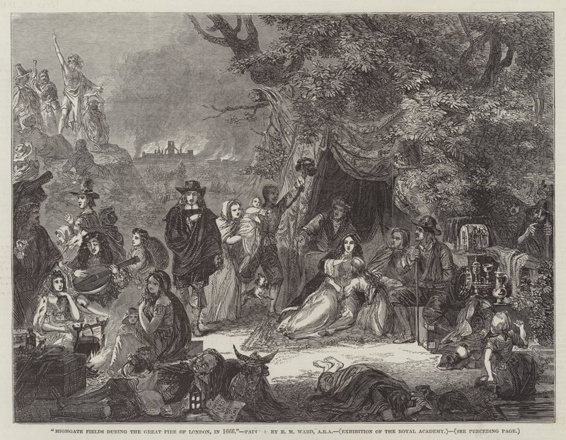 Highgate Fields podczas Wielkiego Pożaru Londynu, w 1666 r. autorstwa Edgar Melville Ward