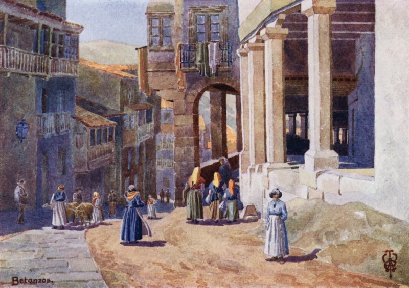 Północna Hiszpania: Betanzos, Calle z kolumnadą (kolor lito) autorstwa Edgar T. A. Wigram