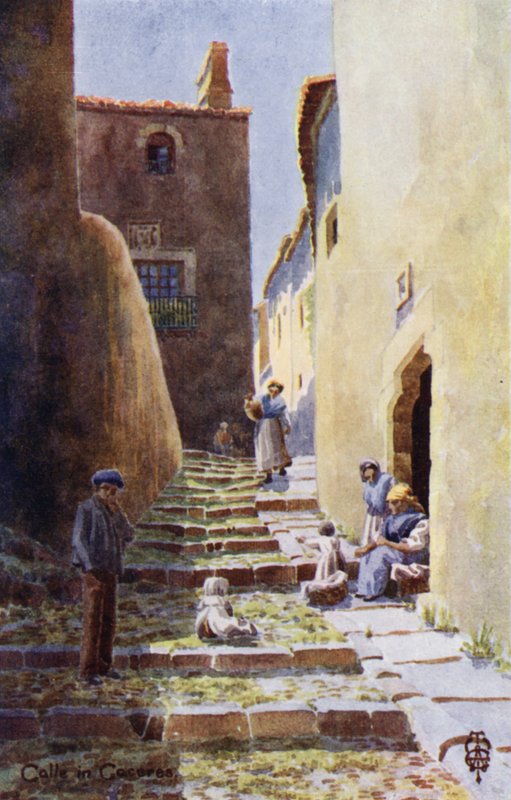 Północna Hiszpania: Caceres, Calle de la Cuesta de Aldana (kolor lito) autorstwa Edgar T. A. Wigram