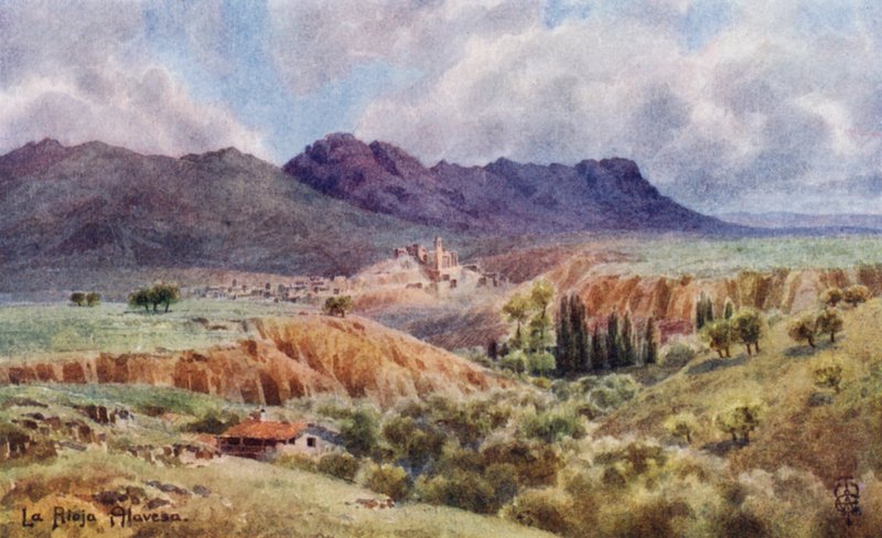 Północna Hiszpania: La Rioja Alavesa, patrząc na północ przez rzekę Ebro (kolorowi członkowie) autorstwa Edgar T. A. Wigram
