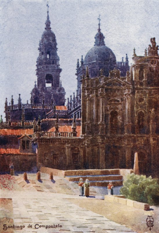 Północna Hiszpania: Santiago de Compostela, Katedra od północnego wschodu (kolor lito) autorstwa Edgar T. A. Wigram