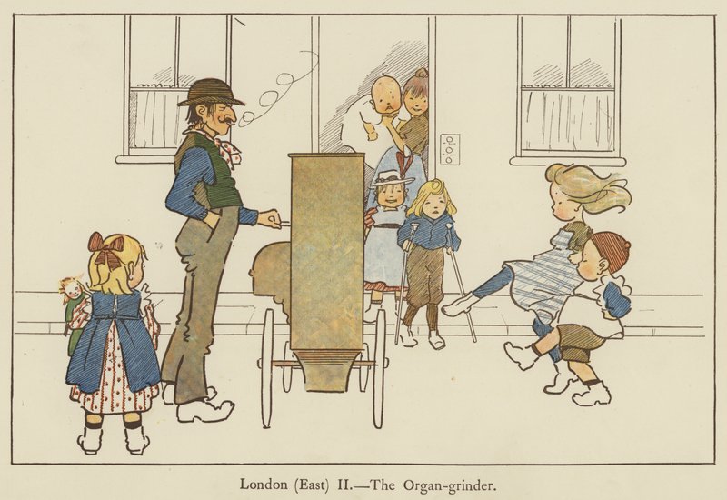 Londyn (Wschód), kataryniarz autorstwa Edith Farmiloe