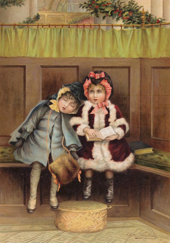 Dwie dziewczyny w kościele w świąteczny poranek (chromolitho) autorstwa Edith S. Berkeley