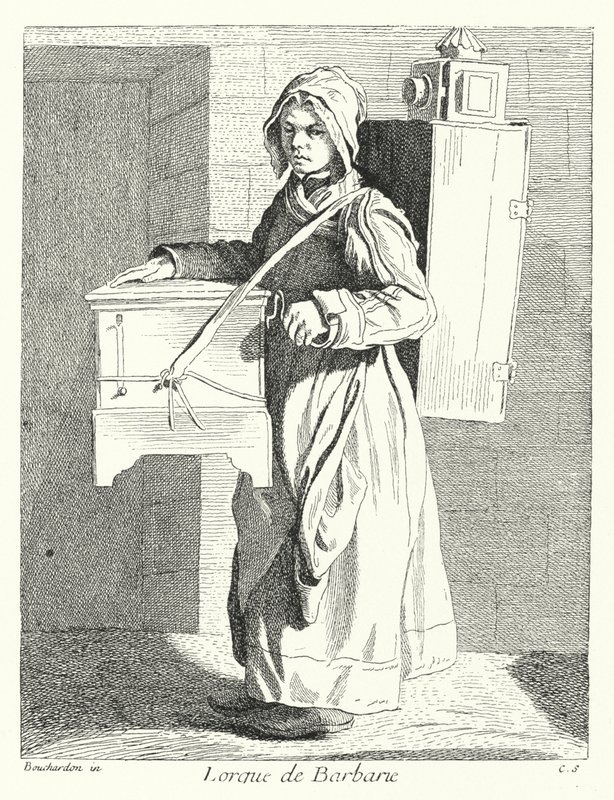 Organista baryłkowy (grawerowanie) autorstwa Edmé (after) Bouchardon