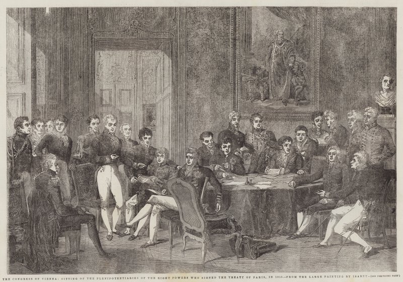 Kongres Wiedeński, posiedzenie pełnomocników ośmiu mocarstw, które podpisały traktat paryski w 1815 r. autorstwa Edmond Morin