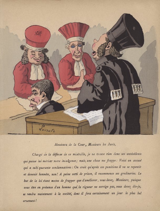 Scena sądowa (litografia kolorowa) autorstwa Edmond Lavrate