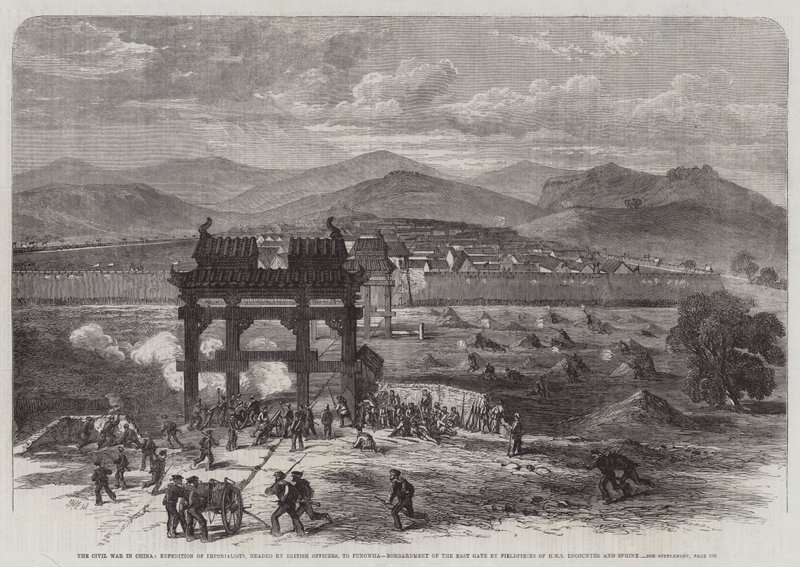 Wojna domowa w Chinach, Ekspedycja Imperialistów pod dowództwem brytyjskich oficerów do Fungwa, Bombardowanie Wschodniej Bramy przez fragmenty polowe HMS Encounter i Sphinx autorstwa Edmund Morison Wimperis
