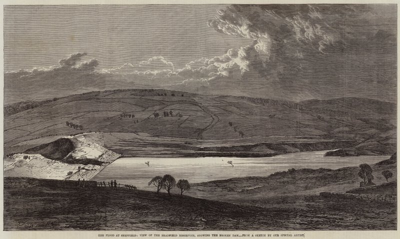 Powódź w Sheffield, widok na zbiornik Bradfield, pokazujący zniszczoną tamę autorstwa Edmund Morison Wimperis