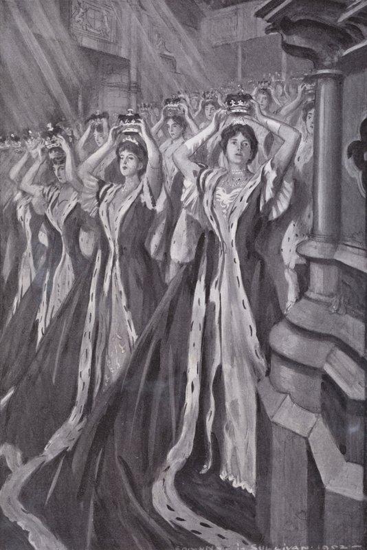 Peeressy zakładające korony podczas koronacji królowej Aleksandry, małżonki króla Edwarda VII, Opactwo Westminsterskie, Londyn autorstwa Edmund Joseph (after) Sullivan