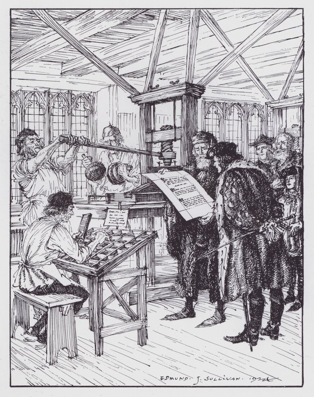 William Caxton w swojej drukarni (litografia) autorstwa Edmund Joseph (after) Sullivan