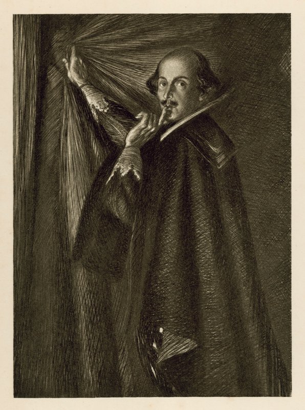 William Shakespeare trzymający zasłonę i mówiący nam, żebyśmy byli cicho (lito) autorstwa Edmund Joseph Sullivan