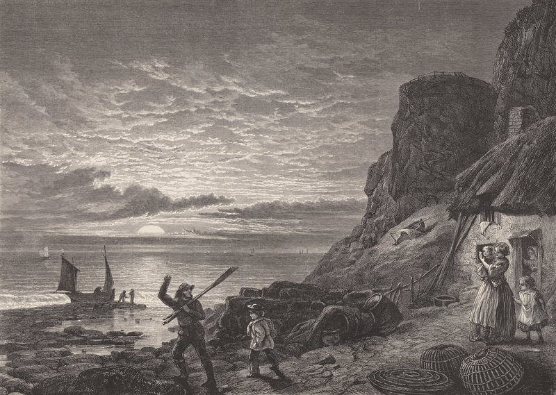 Rybacy ojciec i syn żegnający się z rodziną (grawerunek) autorstwa Edmund Morison (after) Wimperis