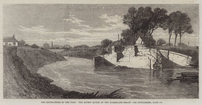 Zalania na torfowiskach, dmuchana śluza w drenie bagiennym autorstwa Edmund Morison Wimperis