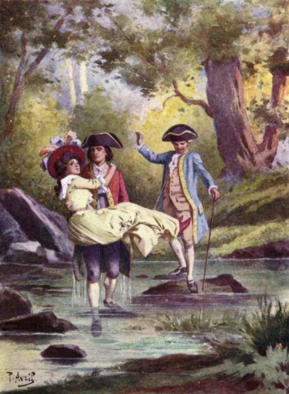 Wziąłem Edmee w ramiona i cicho przebrnąłem przez strumień. Ilustracja do Mauprat autorstwa George Sand autorstwa Edouard Henri Avril