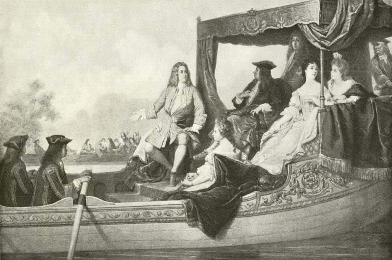 Koncert na rzece Haendla dla Jerzego I (rycina) autorstwa Edouard Jean Conrad Hamman