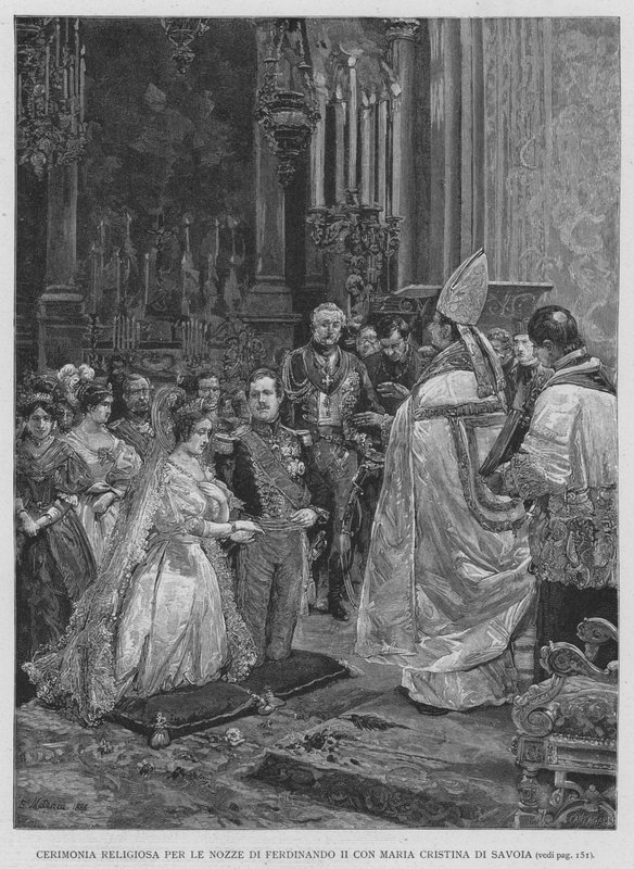 Ceremonia religijna na ślub Ferdynanda II z Marią Cristiną Sabaudzką (rycina) autorstwa Edouardo Matania