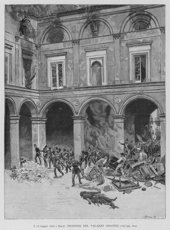 15 maja 1848 w Neapolu pożar Pałacu Gravina (rycina) autorstwa Edouardo Matania