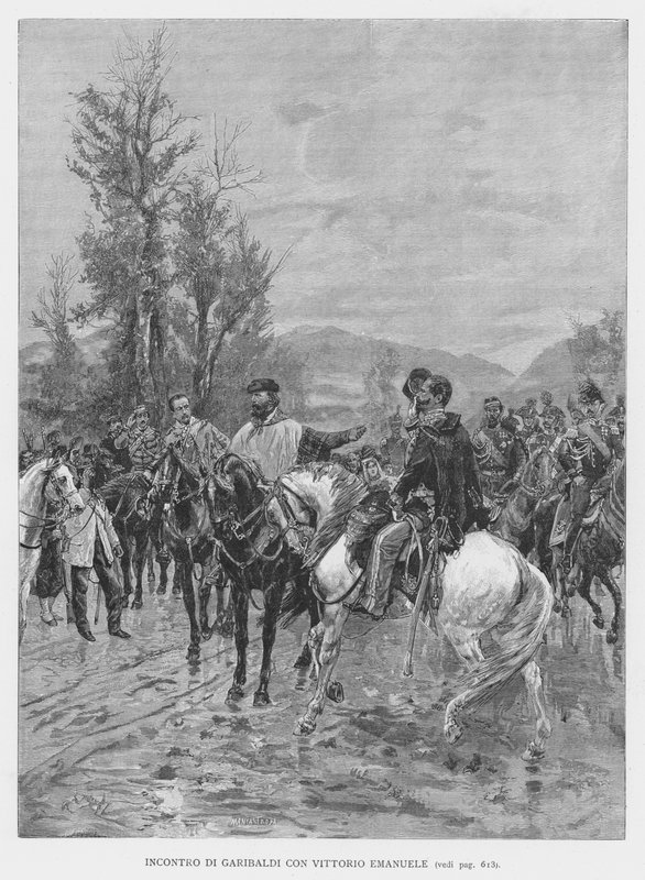 Spotkanie Garibaldiego z Vittorio Emanuele (rycina) autorstwa Edouardo Matania