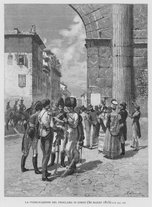 Publikacja Proklamacji Rimini, 30 marca 1815 (rycina) autorstwa Edouardo Matania