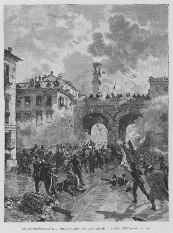 Pięć dni Mediolanu, Szturm na łuki Porta Nuova (rycina) autorstwa Edouardo Matania