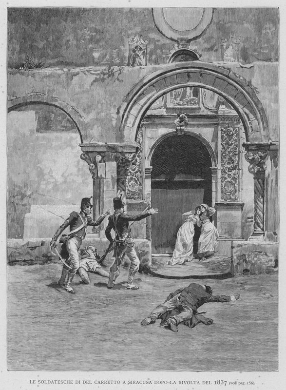 Żołnierze Del Carretto w Syrakuzach po buncie 1837 (rycina) autorstwa Edouardo Matania