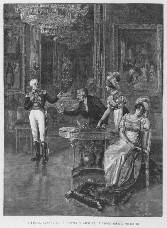 Vittorio Emanuele I odmawia zniesienia prawa salickiego (rycina) autorstwa Edouardo Matania