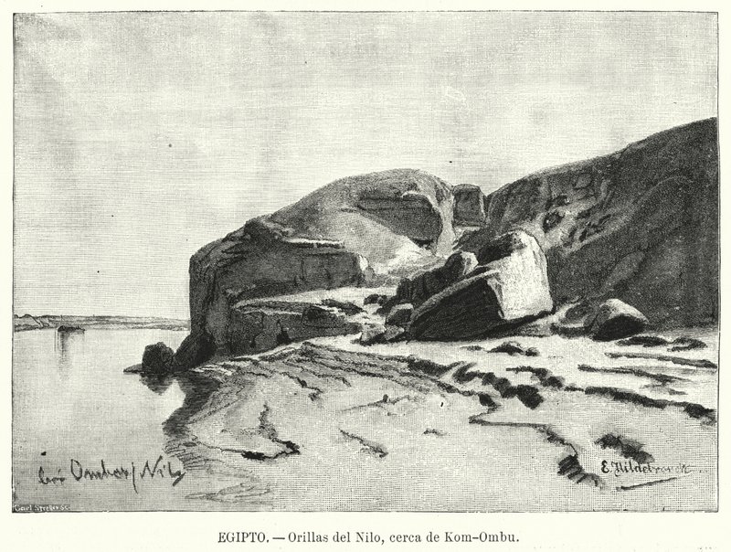 Brzegi Nilu w pobliżu Kom Ombo, Egipt (lito) autorstwa Eduard (after) Hildebrandt