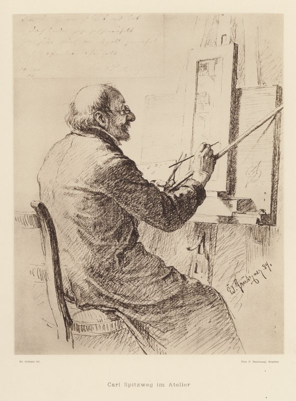 Portret Carla Spitzwega, niemieckiego malarza romantycznego (litografia) autorstwa Eduard von (after) Grutzner
