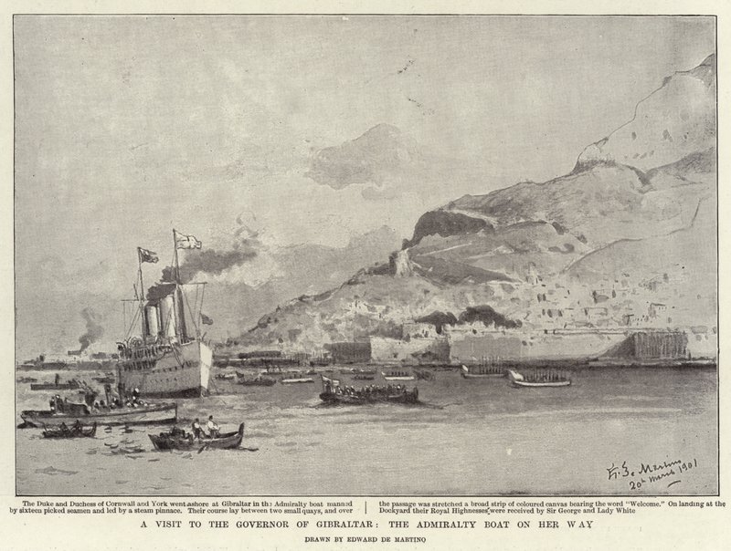 Wizyta u gubernatora Gibraltaru, statek Admiralicji w drodze autorstwa Eduardo de Martino