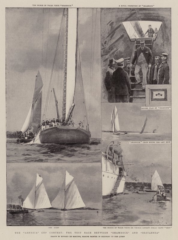 Konkurs America Cup, wyścig testowy między Shamrock i Britannia autorstwa Eduardo de Martino
