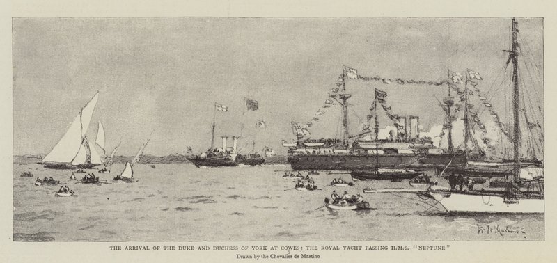 Przybycie księcia i księżnej Yorku do Cowes, królewski jacht mijający HMS Neptune autorstwa Eduardo de Martino