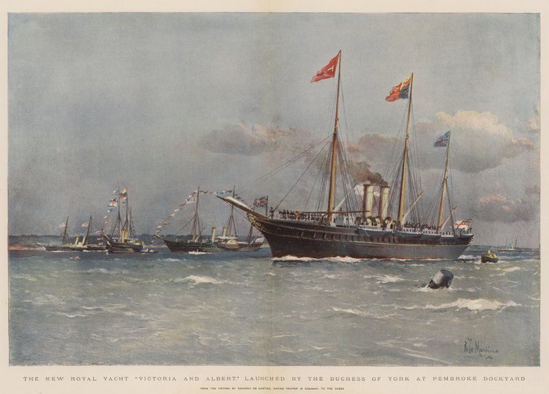 Nowy królewski jacht Victoria and Albert, zwodowany przez księżną Yorku w stoczni Pembroke (chromolitho) autorstwa Eduardo de Martino