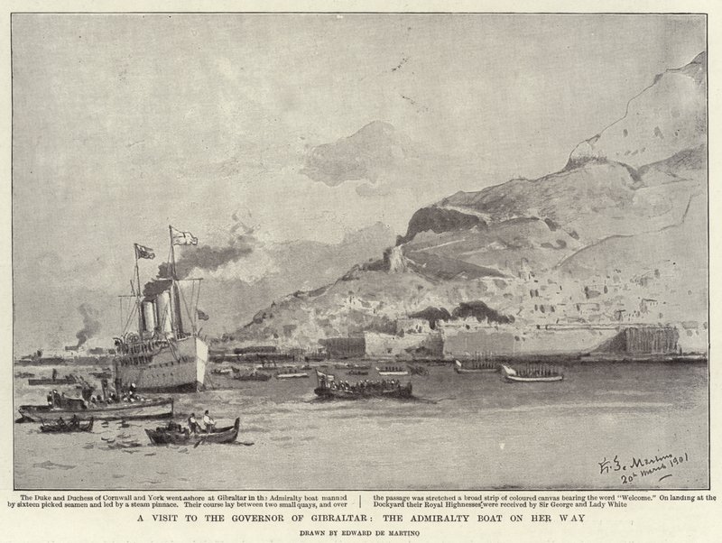 Wizyta u gubernatora Gibraltaru, statek Admiralicji w drodze (lito) autorstwa Eduardo de Martino