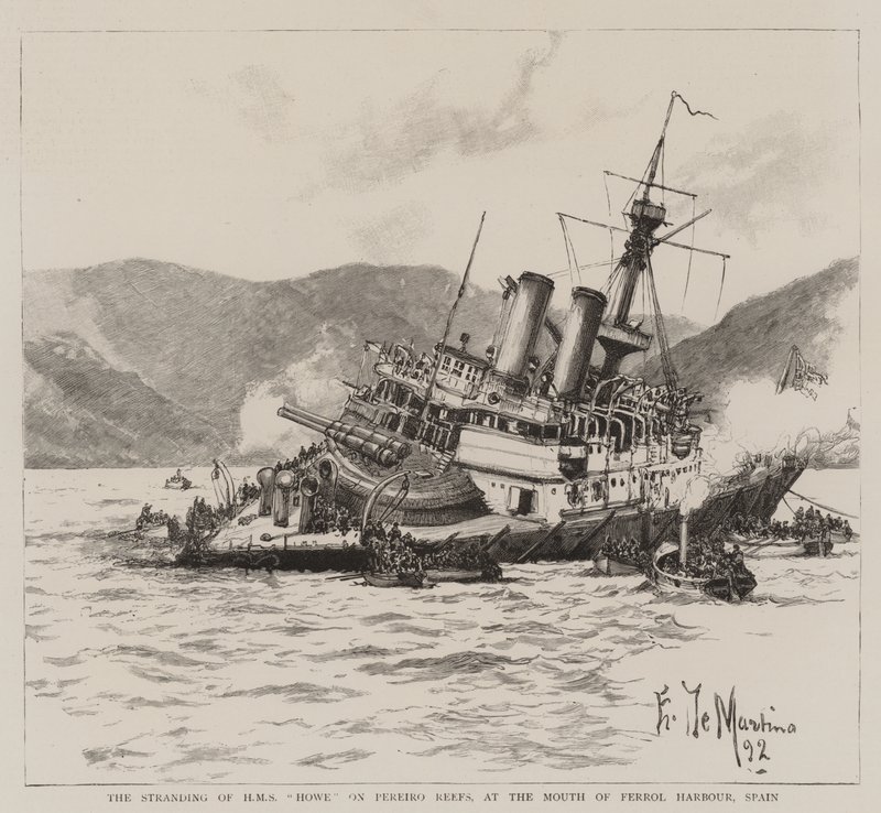 Wyrzucenie na brzeg HMS Howe na rafach Pereiro, u ujścia portu Ferrol, Hiszpania autorstwa Eduardo de Martino